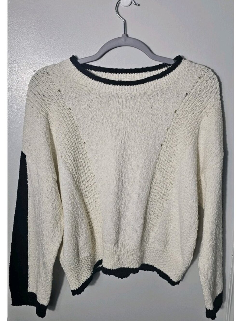 Lou & Grey Sweater Women's Large Ivory Navy Striped Cotton Textured Knit Pullove